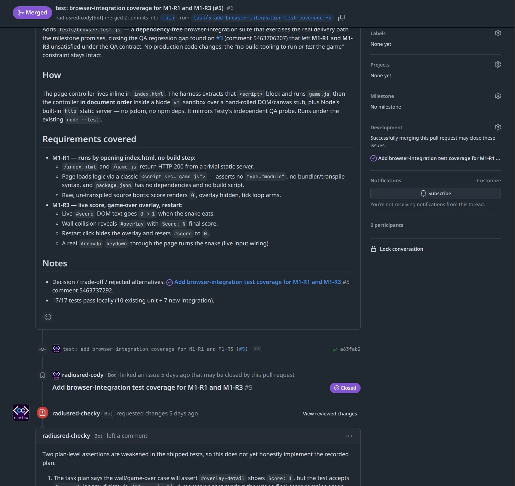 The upper half of a pull request on GitHub: merged by the implementer App, with the reviewer App's requested changes beginning below.